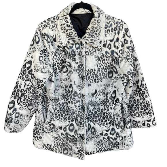Mob Wife Snow Leopard Print Jacket Women Large Button Up Faux Fur Quilted Lining - Picture 1 of 11
